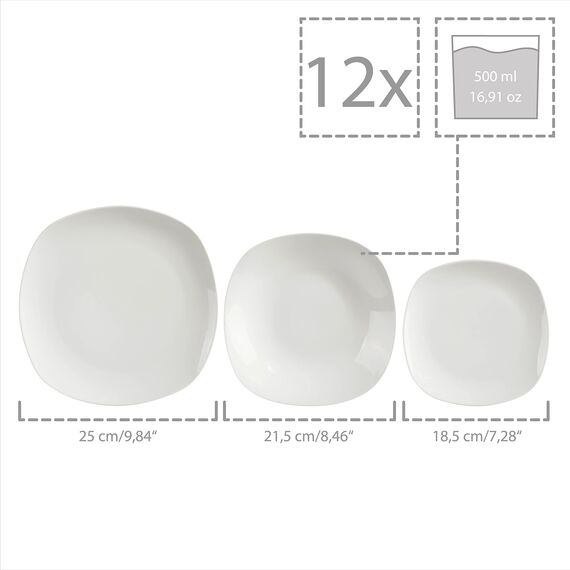 SÄNGER | Tafelservice Bilgola weiß, 86-teiliges Geschirrset aus Porzellan für 12 Personen, Komplettset, Teller Set | PREMIUM COLLECTION