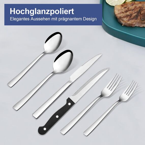 Besteck Set 6 Personen, Bastwe 36 teiliges Edelstahl Besteckset mit Steakmesser, Hochwertiges Messer Gabel Löffel für Familie/Party/Hotel, Hochglanzpoliert & Spülmaschinenfest