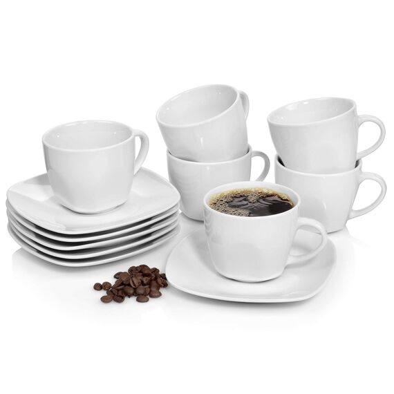 SÄNGER | 12-teiliges Kaffeetassen Set Bilgola aus Porzellan, Kaffee Geschirrset für 6 Personen, Tassen & Untersetzer, Eckiges Design 150 ml | PREMIUM COLLECTION