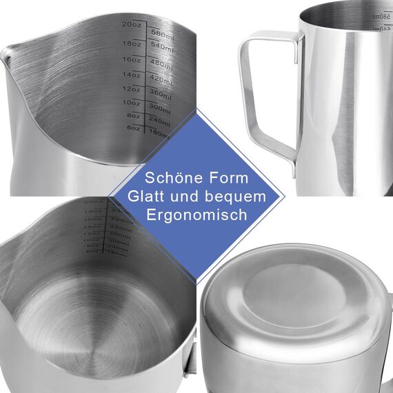 Anpro Milchkännchen, 600ml Milk Pitcher Milchkanne aus Edelstahl, perfekt für Cappuccino, Milchaufschäumer, Silber, MEHRWEG