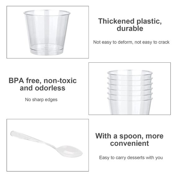 HUOGEE 50 Stück Desserttasse mit 50 Stück Löffeln, 200ml/220ml Dessertbecher Klare Dessertschalen Wiederverwendbar Desserttassen Runden Becher für Zuhause Desserts Pudding Mousse Eis Party (200ml)