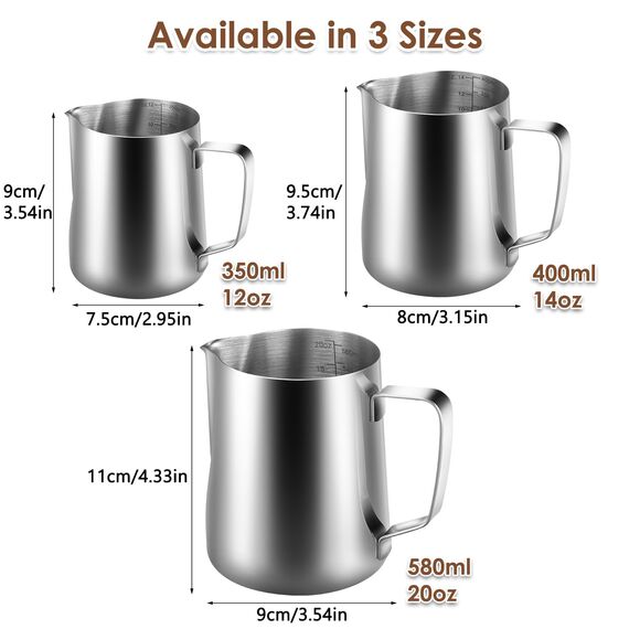 Anpro Milchkännchen, Milk Pitcher 350ml / 12 FL.oz. Milchkanne aus Edelstahl, Milch Aufschäumen für Cappuccino und Latté, Silber (9 × 7.5CM)
