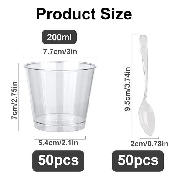 HUOGEE 50 Stück Desserttasse mit 50 Stück Löffeln, 200ml/220ml Dessertbecher Klare Dessertschalen Wiederverwendbar Desserttassen Runden Becher für Zuhause Desserts Pudding Mousse Eis Party (200ml)