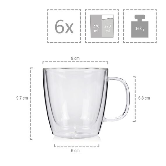 Sänger | Doppelwandige Gläser mit Henkel, 6-teiliges Gläser-Set, Thermo-Gläser, Kaffee Gläser doppelwandig | Füllmenge 220 ml