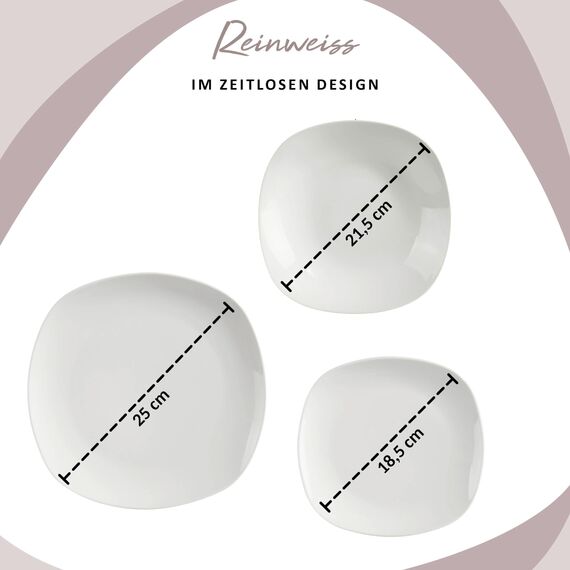 SÄNGER | Tafelservice Bilgola weiß, 24-teiliges Geschirrset aus Porzellan für 6 Personen, Teller Set Eckig, Speiseteller | PREMIUM COLLECTION