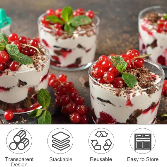 HUOGEE 50 Stück Desserttasse mit 50 Stück Löffeln, 200ml/220ml Dessertbecher Klare Dessertschalen Wiederverwendbar Desserttassen Runden Becher für Zuhause Desserts Pudding Mousse Eis Party (200ml)