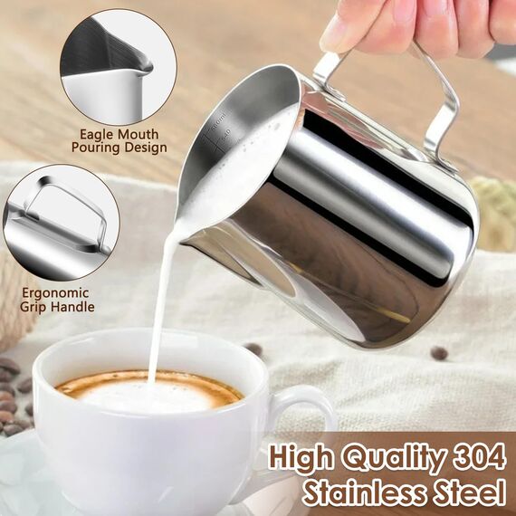 anpro Milchkännchen 400 ml / 14 fl. oz. Milk Pitcher Milchkännchen aus Edelstahl, ideal für Cappuccino, Milchaufschäumer, Silber