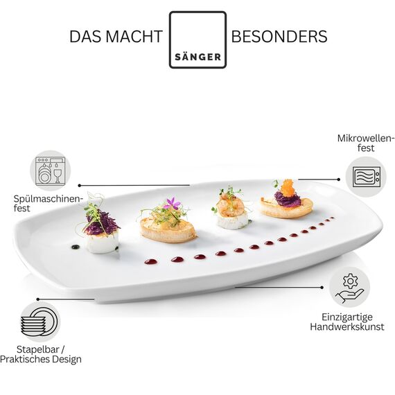 Sänger | Bilgola Servierplatten 2er Set – Porzellan Servierteller Weiß | rechteckige Teller mit abgerundeten Ecken 23 x 34 cm für Fleisch, Fisch & Snacks | Spülmaschinenfest | PREMIUM COLLECTION