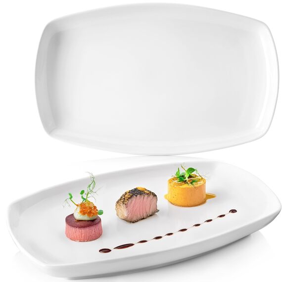 Sänger | Bilgola Servierplatten 2er Set – Porzellan Servierteller Weiß | rechteckige Teller mit abgerundeten Ecken 23 x 34 cm für Fleisch, Fisch & Snacks | Spülmaschinenfest | PREMIUM COLLECTION