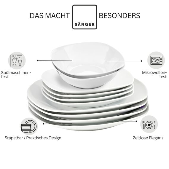 SÄNGER | Geschirrservice Bilgola in Weiß, 30-teiliges Geschirrset für 6 Personen - Teller, Kaffeebecher & Schalen, Eckiges Design, Teller-Set aus Porzellan, Komplettservice | PREMIUM COLLECTION
