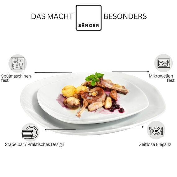 SÄNGER | Tafelservice Bilgola Weiß, 36-teiliges Geschirrset für 12 Personen mit Suppen-, Dessert-, & flachen Tellern aus Porzellan | PREMIUM COLLECTION