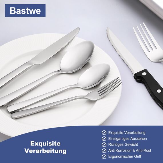 Besteck Set 6 Personen, Bastwe 36 teiliges Edelstahl Besteckset mit Steakmesser, Hochwertiges Messer Gabel Löffel für Familie/Party/Hotel, Hochglanzpoliert & Spülmaschinenfest