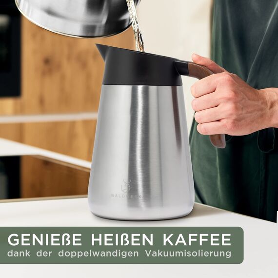 WALDWERK Thermoskanne (1,5L) - Kaffeekanne aus doppelwandigem 304 Edelstahl - Isolierkanne mit tropffreiem Ausguss - Kaffeekanne Thermo