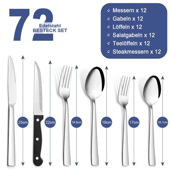 Besteck Set für 12 Personen, Bastwe 72-teiliges Edelstahl Besteckset mit Steakmesser, Messer, Gabel, Löffel, Hochwertiges Essbesteck Set für Restaurant Party Hochzeit, Spülmaschinenfest
