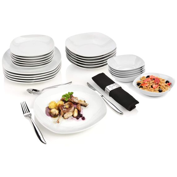 SÄNGER | Tafelservice Bilgola weiß, 24-teiliges Geschirrset aus Porzellan für 6 Personen, Teller Set Eckig, Speiseteller | PREMIUM COLLECTION