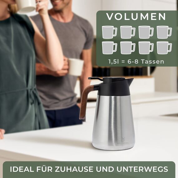 WALDWERK Thermoskanne (1,5L) - Kaffeekanne aus doppelwandigem 304 Edelstahl - Isolierkanne mit tropffreiem Ausguss - Kaffeekanne Thermo
