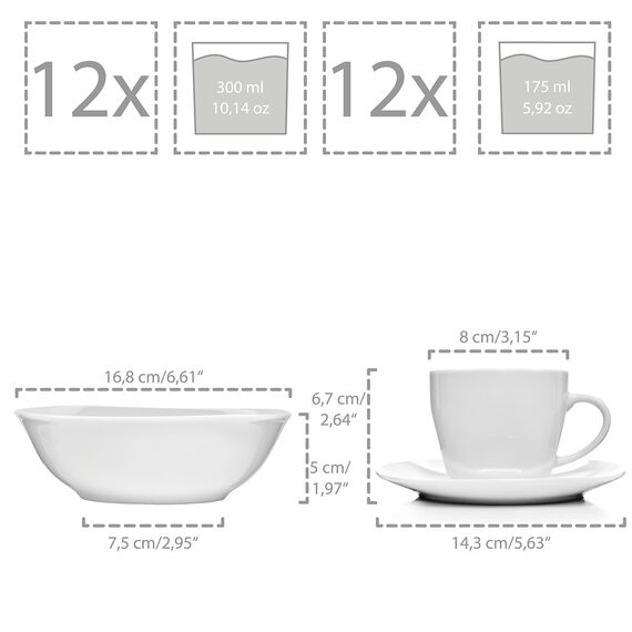 SÄNGER | Tafelservice Bilgola weiß, 86-teiliges Geschirrset aus Porzellan für 12 Personen, Komplettset, Teller Set | PREMIUM COLLECTION