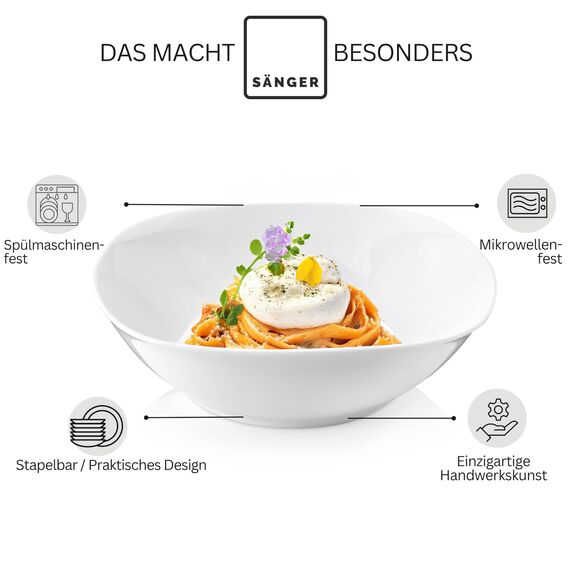 Sänger | Pastateller Bilgola 6 tlg, Nudelteller Set für 6 Personen, Porzellan Bowl Schüssel für Nudeln, Tiefe Teller Spülmaschinenfest, Bowl Schale Multifunktional Weiß 370ml | PREMIUM COLLECTION