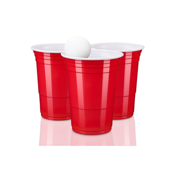 TRESKO 50 Beer Pong Becher + 6 Bälle wiederverwendbar | Partybecher 473ml - 16oz | Bierpong, Red Cups extra stark | Plastikbecher Rot