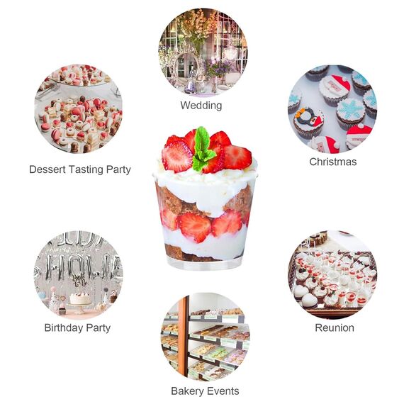 HUOGEE 50 Stück Desserttasse mit 50 Stück Löffeln, 200ml/220ml Dessertbecher Klare Dessertschalen Wiederverwendbar Desserttassen Runden Becher für Zuhause Desserts Pudding Mousse Eis Party (200ml)