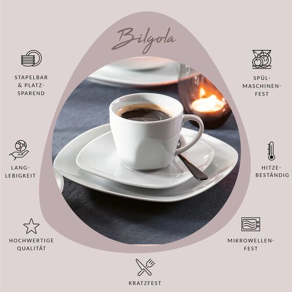 SÄNGER | 12-teiliges Kaffeetassen Set Bilgola aus Porzellan, Kaffee Geschirrset für 6 Personen, Tassen & Untersetzer, Eckiges Design 150 ml | PREMIUM COLLECTION