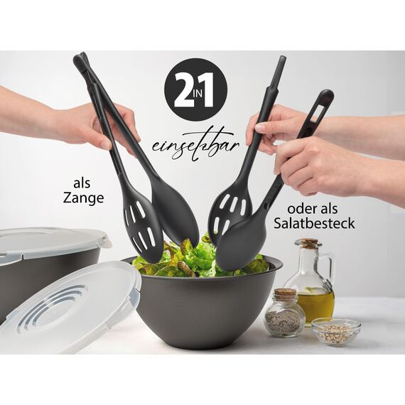 Hausfelder Salatschüssel mit Deckel groß 6L Set, 4 Kunststoff Schüsseln 6L/3,6L/1,9L/0,7L Anthrazit Schwarz, BPA-frei Camping Salatschüssel anthrazit schwarz, stapelbar spülmaschinenfest (10-teilig)