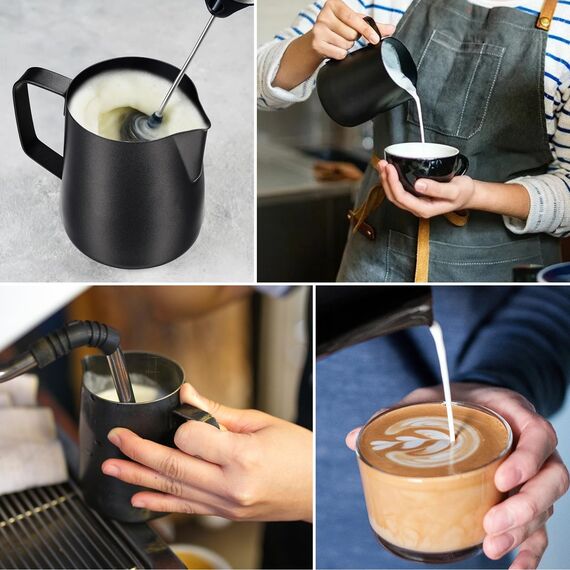 Anpro Milchkännchen, Milk Pitcher 350ml 12 fl.oz. Milchkanne aus Edelstahl, Milch Aufschäumen für Cappuccino und Latté, Schwarz