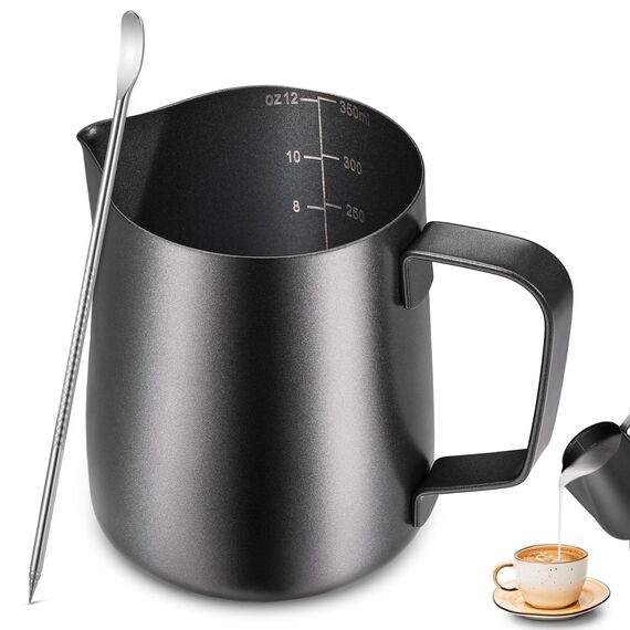 Anpro Milchkännchen, Milk Pitcher 350ml 12 fl.oz. Milchkanne aus Edelstahl, Milch Aufschäumen für Cappuccino und Latté, Schwarz