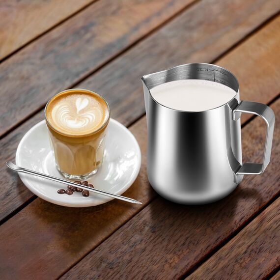 anpro Milchkännchen 400 ml / 14 fl. oz. Milk Pitcher Milchkännchen aus Edelstahl, ideal für Cappuccino, Milchaufschäumer, Silber