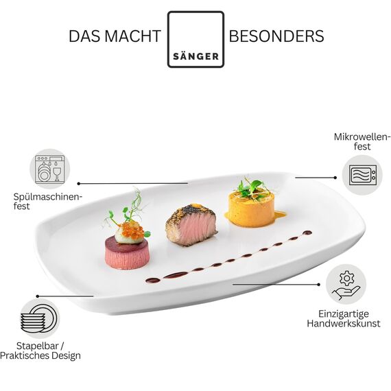 Sänger | Bilgola Servierplatten 2er Set – Porzellan Servierteller Weiß | rechteckige Teller mit abgerundeten Ecken 19 x 29,5 cm für Fleisch, Fisch & Snacks | Spülmaschinenfest | PREMIUM COLLECTION