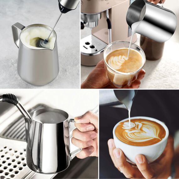 Anpro Milchkännchen, Milk Pitcher 350ml / 12 FL.oz. Milchkanne aus Edelstahl, Milch Aufschäumen für Cappuccino und Latté, Silber (9 × 7.5CM)