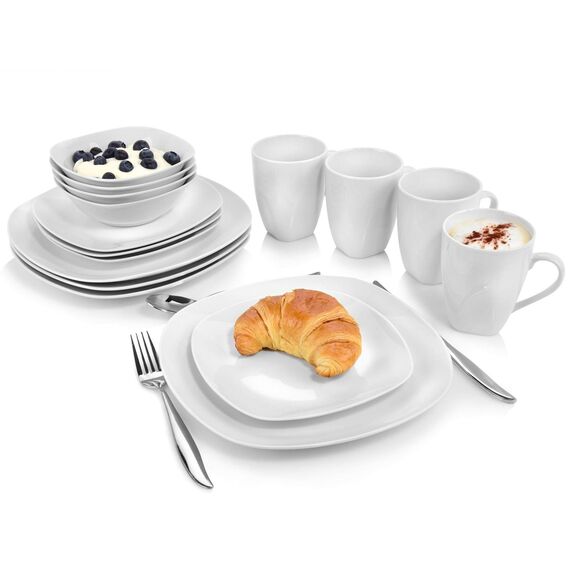 SÄNGER | Kombiservice Bilgola in weiß, 16-teiliges Geschirrset aus Porzellan für 4 Personen, Teller, Tassen, Schalen, Eckiges Design | PREMIUM COLLECTION