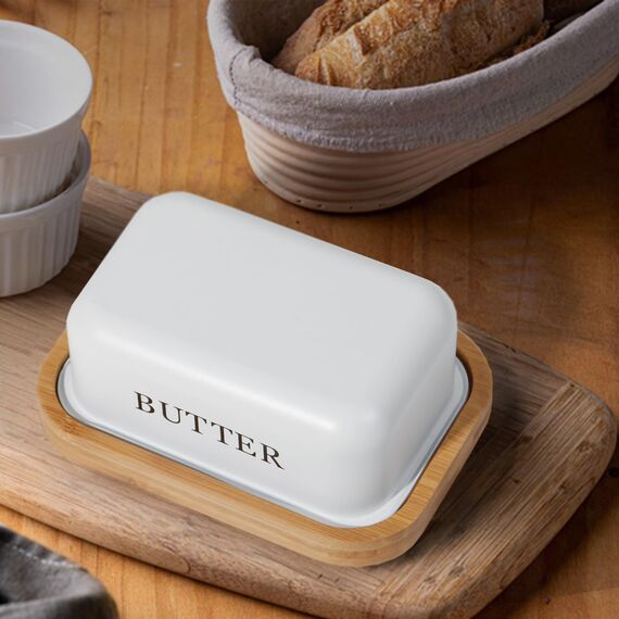 Sylando Butterdose, Butterglocke für 250 g Butter, Butter Dish aus Edelstahl, Butterschale mit Holzdeckel, Weiß