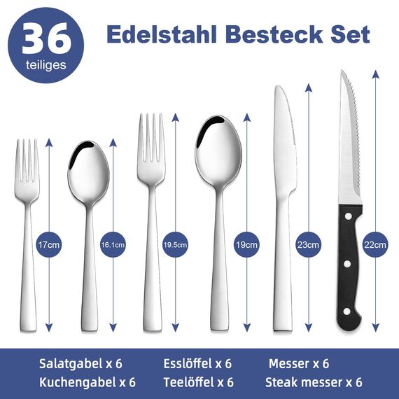 Besteck Set 6 Personen, Bastwe 36 teiliges Edelstahl Besteckset mit Steakmesser, Hochwertiges Messer Gabel Löffel für Familie/Party/Hotel, Hochglanzpoliert & Spülmaschinenfest