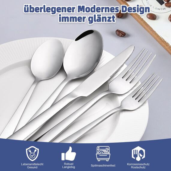 Besteck Set 6 Personen, Bastwe 36 teiliges Edelstahl Besteckset mit Steakmesser, Hochwertiges Messer Gabel Löffel für Familie/Party/Hotel, Hochglanzpoliert & Spülmaschinenfest