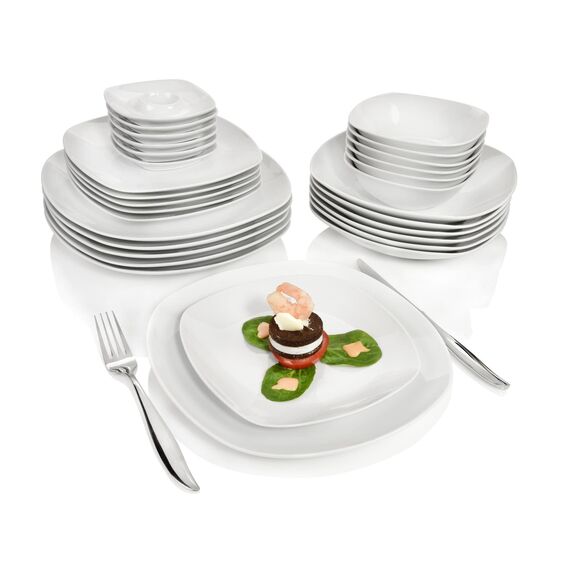 SÄNGER | Tafelservice Bilgola weiß, 30-teiliges Geschirrset aus Porzellan für 6 Personen, Teller Set abgerundetes Design, Speiseteller | PREMIUM COLLECTION