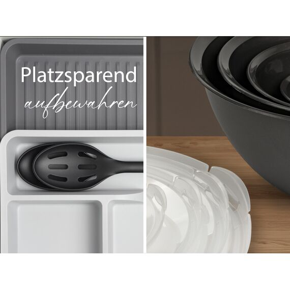 Hausfelder Salatschüssel mit Deckel groß 6L Set, 4 Kunststoff Schüsseln 6L/3,6L/1,9L/0,7L Anthrazit Schwarz, BPA-frei Camping Salatschüssel anthrazit schwarz, stapelbar spülmaschinenfest (10-teilig)