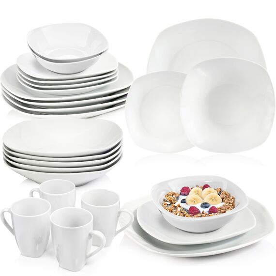 SÄNGER | Geschirrservice Bilgola in Weiß, 30-teiliges Geschirrset für 6 Personen - Teller, Kaffeebecher & Schalen, Eckiges Design, Teller-Set aus Porzellan, Komplettservice | PREMIUM COLLECTION