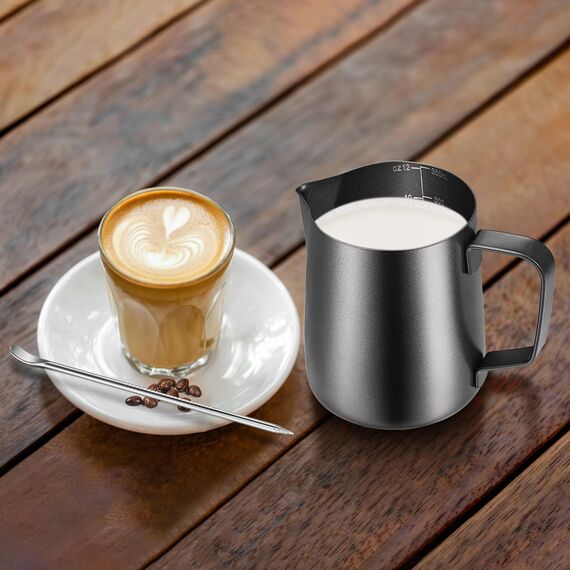 Anpro Milchkännchen, Milk Pitcher 350ml 12 fl.oz. Milchkanne aus Edelstahl, Milch Aufschäumen für Cappuccino und Latté, Schwarz