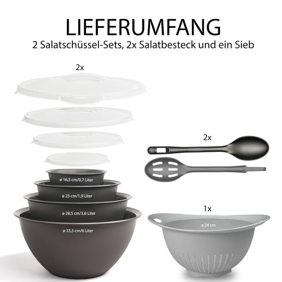 Hausfelder Salatschüssel mit Deckel Set groß - 8 Schüsseln 6L/3,6L/1,9L/0,7L mit Deckel, Salatbesteck & Sieb - Kunststoff BPA-frei Camping Küche - Stapelbar Spülmaschinenfest - 21-teilig