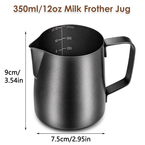 Anpro Milchkännchen, Milk Pitcher 350ml 12 fl.oz. Milchkanne aus Edelstahl, Milch Aufschäumen für Cappuccino und Latté, Schwarz