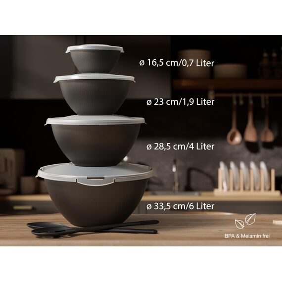 Hausfelder Salatschüssel mit Deckel groß 6L Set, 4 Kunststoff Schüsseln 6L/3,6L/1,9L/0,7L Anthrazit Schwarz, BPA-frei Camping Salatschüssel anthrazit schwarz, stapelbar spülmaschinenfest (10-teilig)