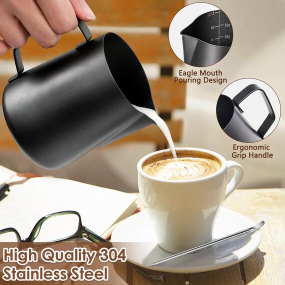 Anpro Milchkännchen, Milk Pitcher 350ml 12 fl.oz. Milchkanne aus Edelstahl, Milch Aufschäumen für Cappuccino und Latté, Schwarz