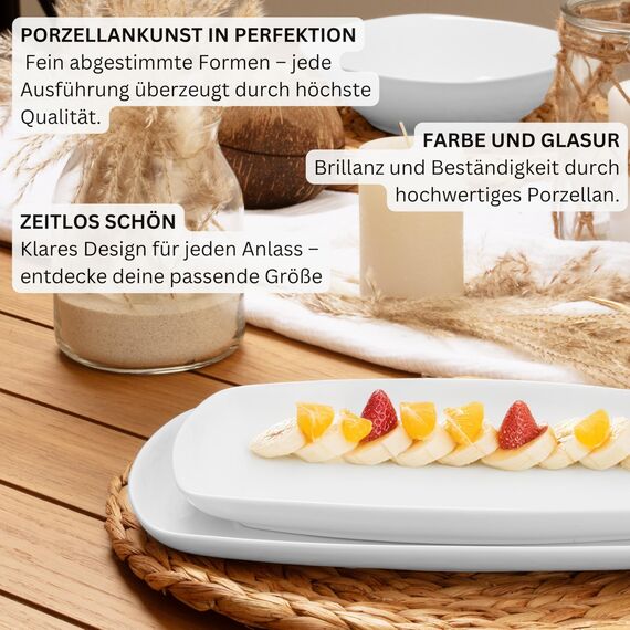 Sänger | Bilgola Servierplatten 2er Set – Porzellan Servierteller Weiß | rechteckige Teller mit abgerundeten Ecken 19 x 29,5 cm für Fleisch, Fisch & Snacks | Spülmaschinenfest | PREMIUM COLLECTION