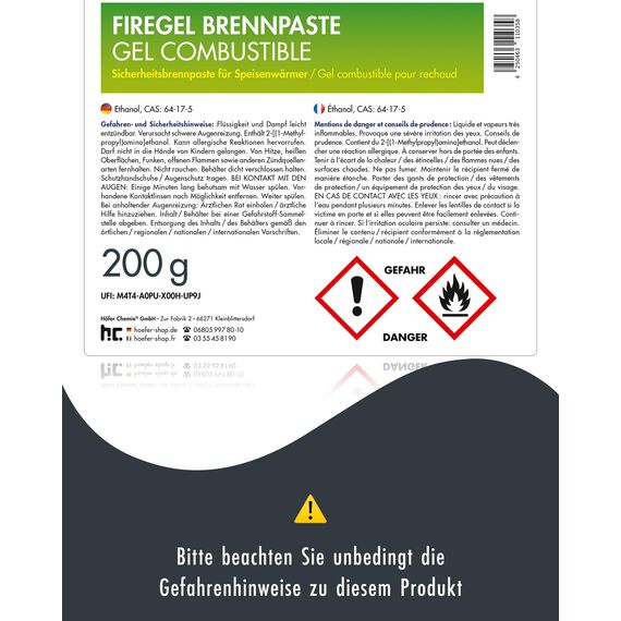 Höfer Chemie Firegel Brennpaste 12 x 200g - Zum Warmhalten von Speisen - Für Chafing Dish & Buffet - Aus Natürlichem Bioethanol - ca. 2,5 h Brenndauer