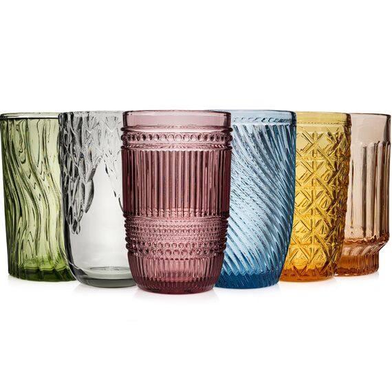 Sänger Trinkgläser Set Faro 6 teiliges Gläser Set für 6 Personen aus Glas, Wasserglas, Mehrfarbig, einzigartiger Schliff, Alltag, Familienessen, Büro, Outdoor Saftgläser Set | 330 ml