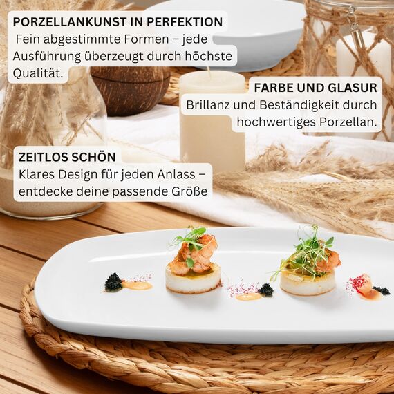 Sänger | Bilgola Servierplatten 2er Set – Porzellan Servierteller Weiß | rechteckige Teller mit abgerundeten Ecken 23 x 34 cm für Fleisch, Fisch & Snacks | Spülmaschinenfest | PREMIUM COLLECTION
