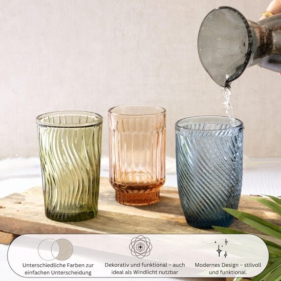 Sänger Trinkgläser Set Faro 6 teiliges Gläser Set für 6 Personen aus Glas, Wasserglas, Mehrfarbig, einzigartiger Schliff, Alltag, Familienessen, Büro, Outdoor Saftgläser Set | 330 ml