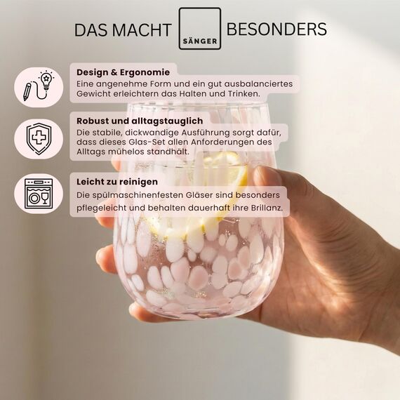 Sänger Trinkgläser Set Curacao 4-teiliges Gläser Set für 4 Personen aus Glas, Wasserglas, Weiß Rosa, elegantes Design, Alltag, Familienessen, Büro, Outdoor Saftgläser Set | 320 ml