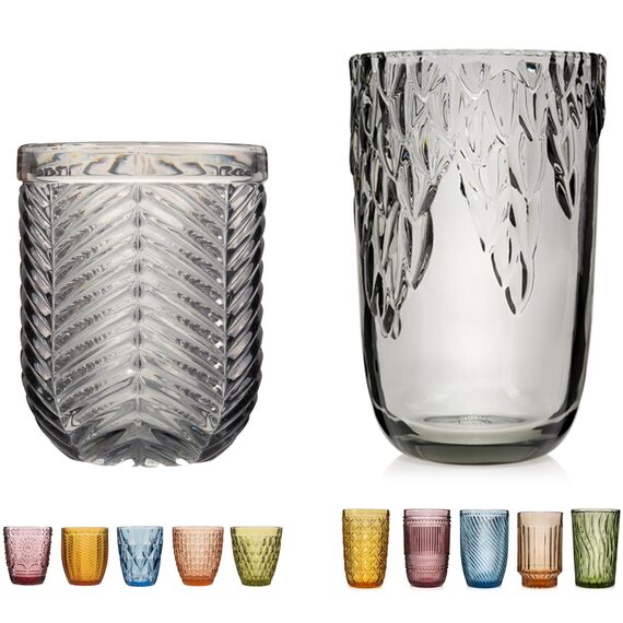 Sänger Trinkgläser aus Glas Set 220ml - 370ml 12 teiliges Gläser Set für 12 Personen aus Glas, Saftgläser, Trinkbecher mit Muster, Wassergläser, Mehrfarbig, Longdrinkgläser, Cocktailgläser